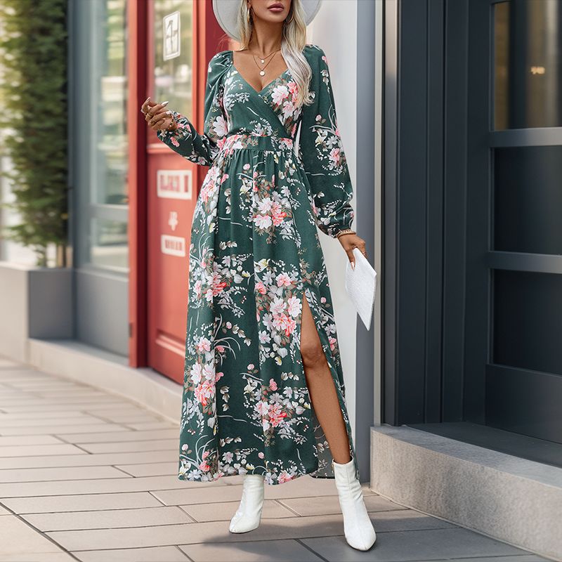 Damen Maxikleid mit floralem Design und schickem Schlitz Drune