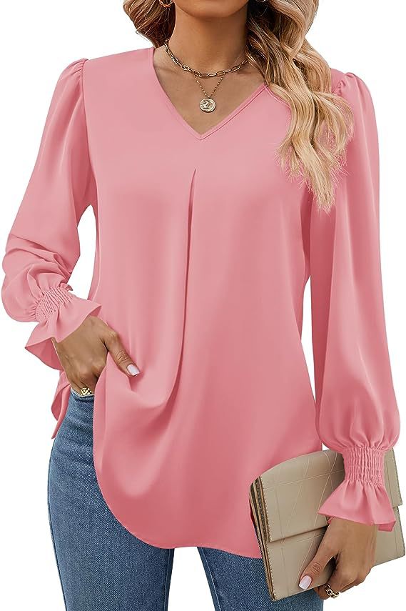 Damen elegante Bluse mit V-Ausschnitt und voluminösen Ärmeln Drune