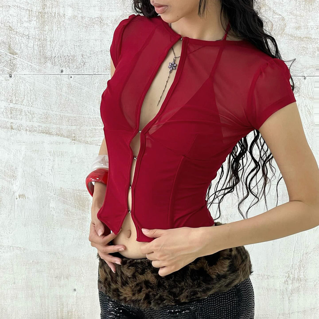 Damen Mesh-Oberteil mit dekorativem Bindeband Drune