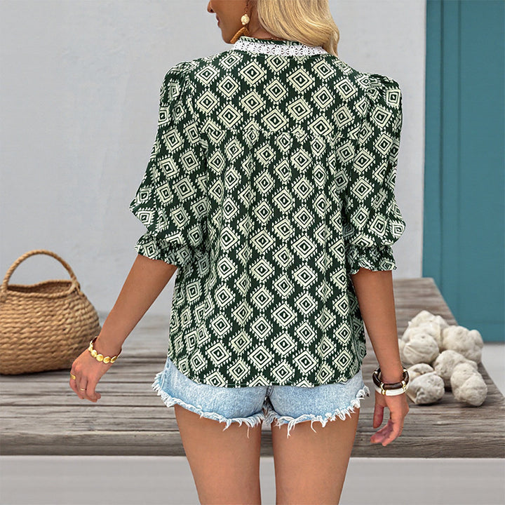 Damen blumige Baumwollbluse mit elastischen Puffärmeln und V-Ausschnitt Drune