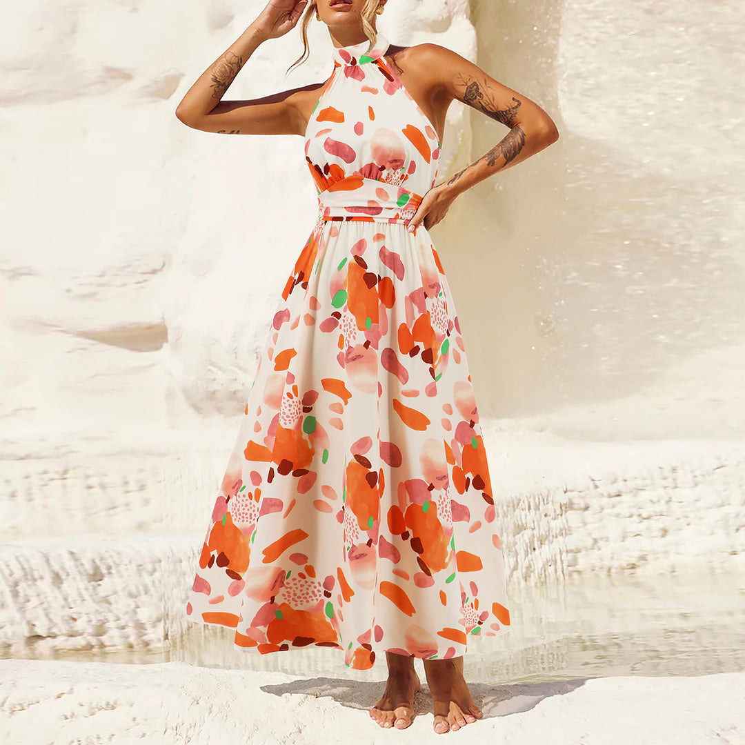 Damen Maxikleid mit hochgeschlossenem Kragen und buntem Blätterdruck Drune