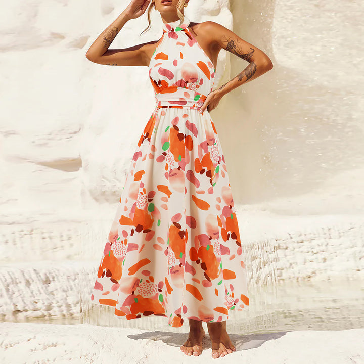 Damen Maxikleid mit hochgeschlossenem Kragen und buntem Blätterdruck Drune