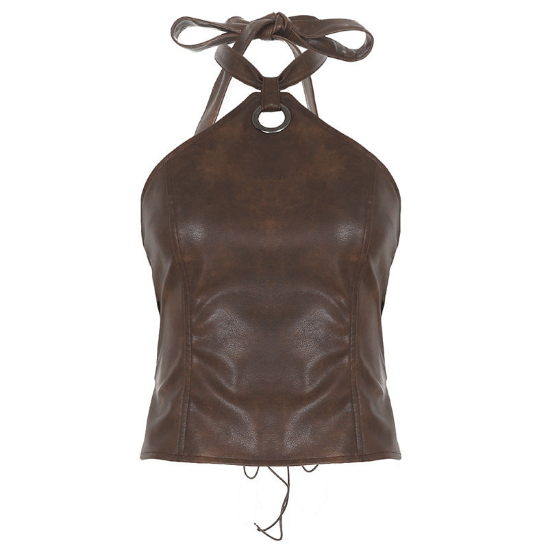 Damen Oberteil aus hochwertigem Kunstleder mit raffiniertem Halter-Design Drune