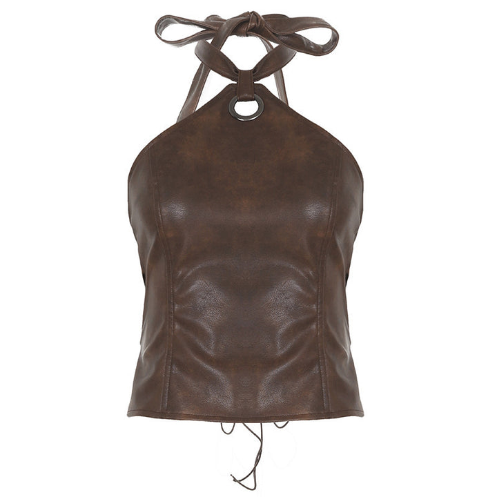 Damen Oberteil aus hochwertigem Kunstleder mit raffiniertem Halter-Design Drune