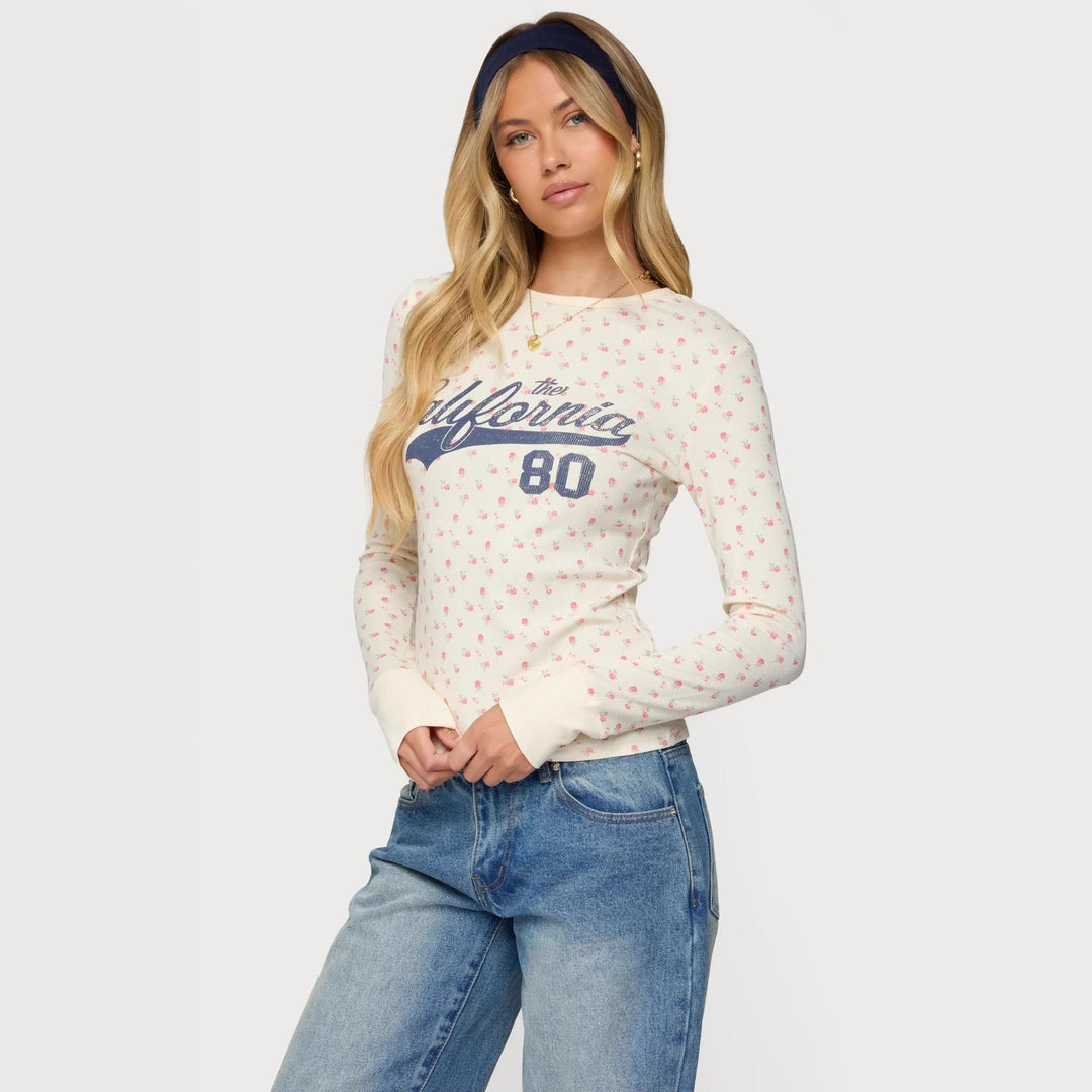Damen Langarmshirt mit floralem Muster und sportlichem Print Drune