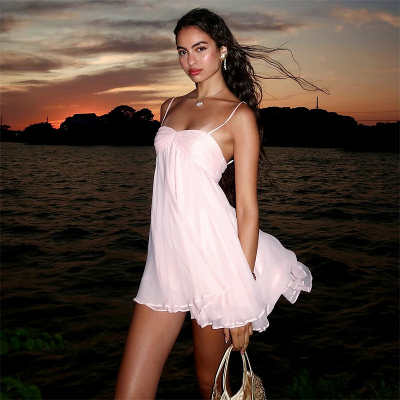 Damen Sommerliches Minikleid mit zarten Spaghettiträgern und schwingendem Rock Drune