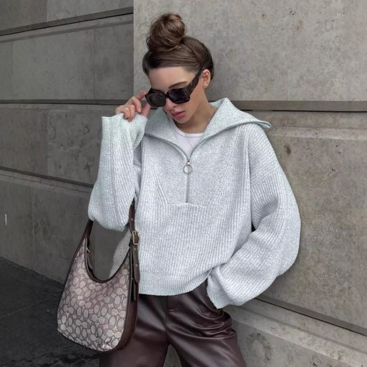 Damen Grober Strickpullover mit Stehkragen und Reißverschluss Drune