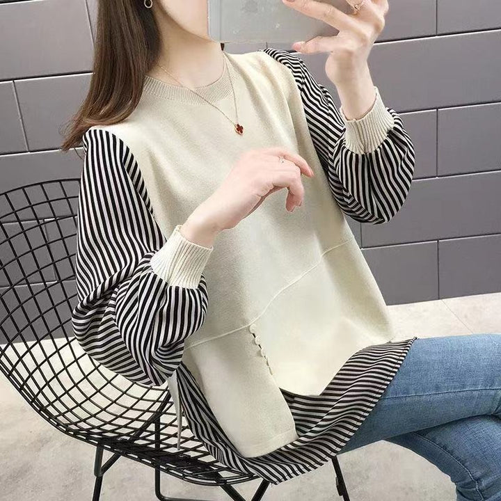 Damen Layered Sweatshirt mit gestreiften Ärmeln und Knopfdetails Drune
