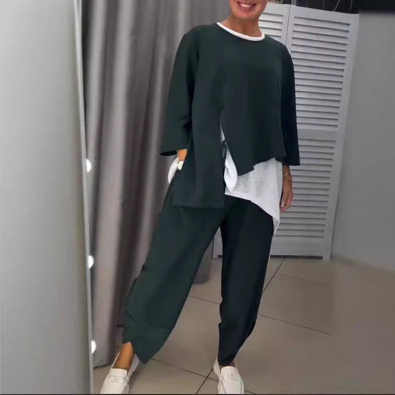 Damen Lässiges zwei-teiliges Freizeit-Set mit asymmetrischem Oberteil und bequemen Hosen Drune