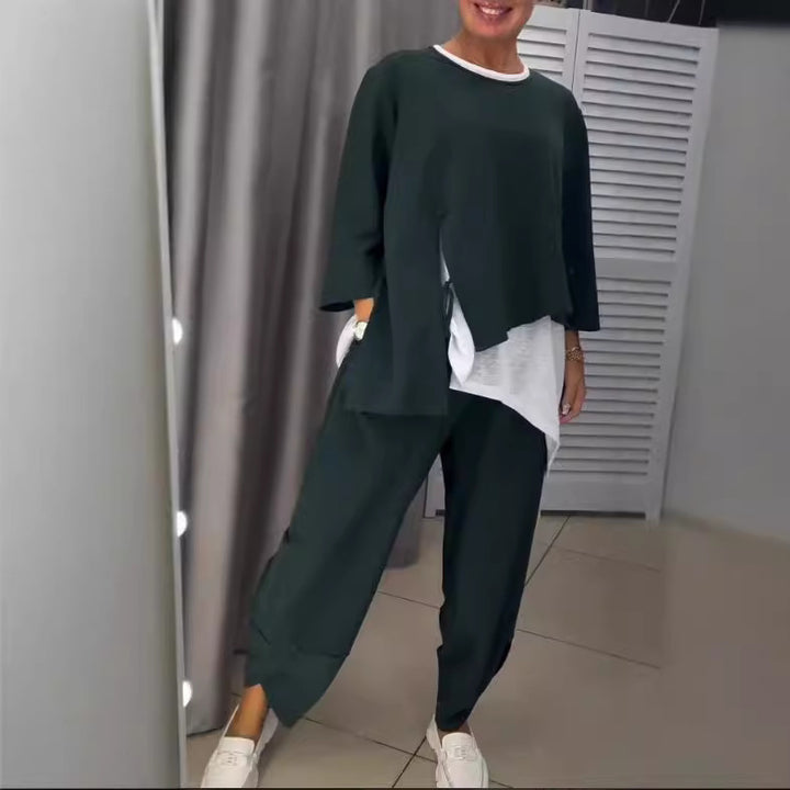 Damen Lässiges zwei-teiliges Freizeit-Set mit asymmetrischem Oberteil und bequemen Hosen Drune