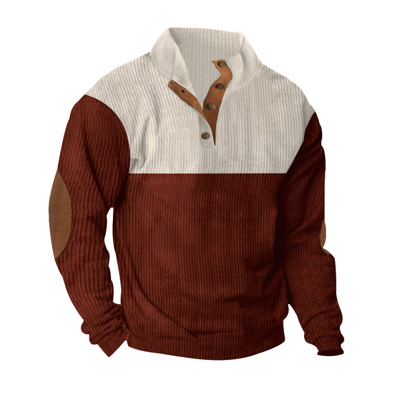 Herren nan gerippter Pullover mit Stehkragen, Knopfleiste und Ellbogen-Patches Drune