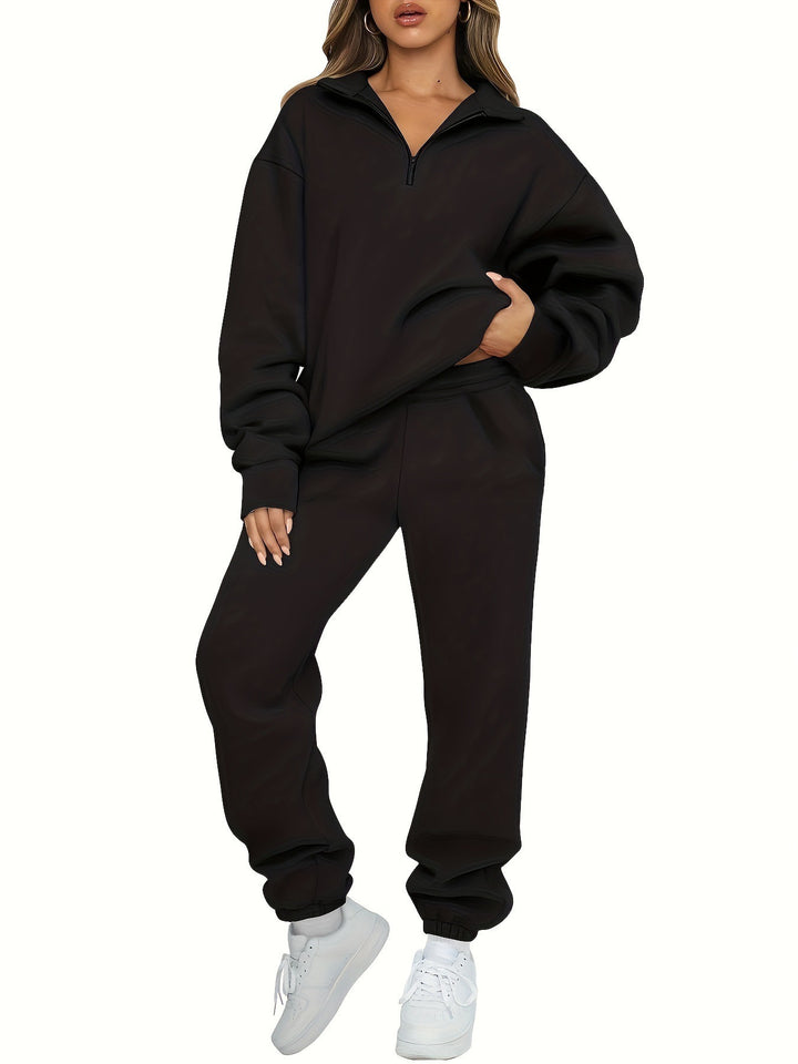 Damen nan zweiteiliges Relax-Set mit halbverdecktem Halbzip-Sweatshirt im Oversize-Schnitt und hohem Komfortbund Jogginghose Drune