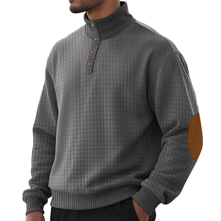 Herren nan kariertes Stepp-Sweatshirt mit Henley-Blende hohem Stehkragen und Velours-Ellenbogenpatch Drune