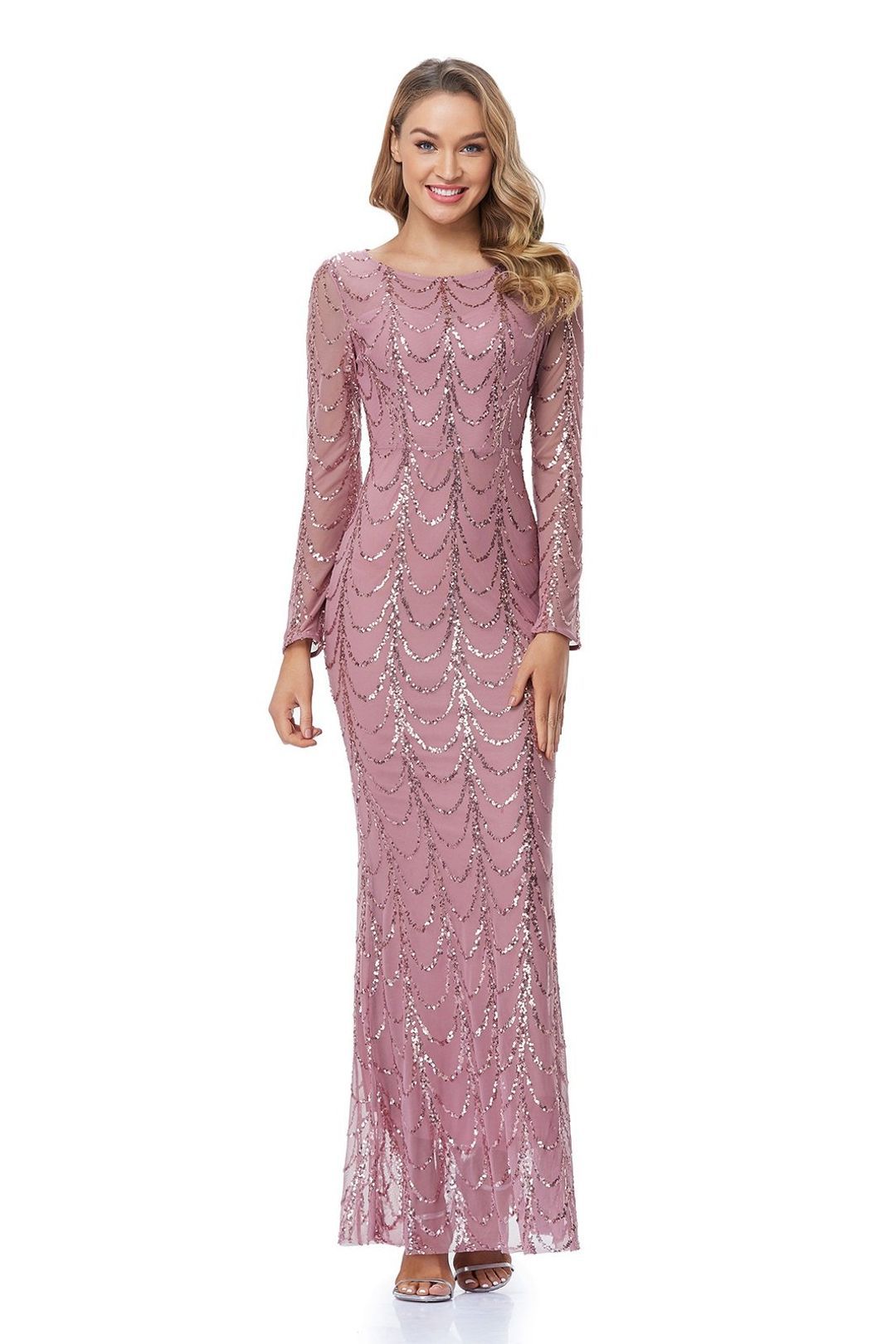 Damen Figurbetontes Abendkleid mit transparenten Ärmeln und Paillettenverzierung Drune