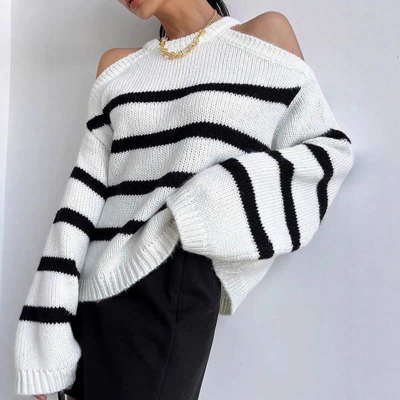 Damen Off-Shoulder Strickpullover mit Streifenmuster und lässigem Schnitt Drune