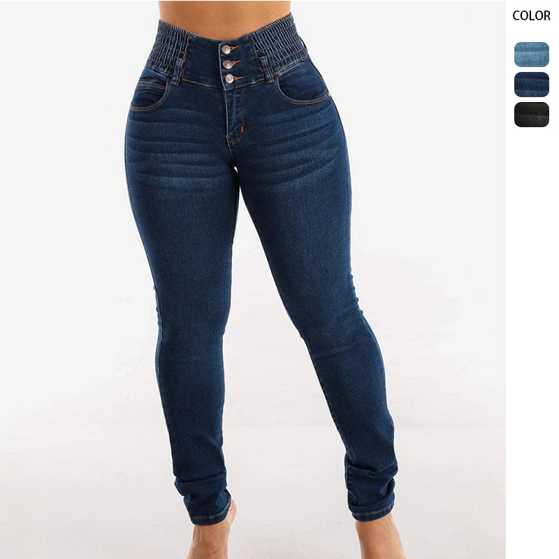 Damen Hochtaillierte Jeans mit elastischem Bund und Knopfdetails Drune
