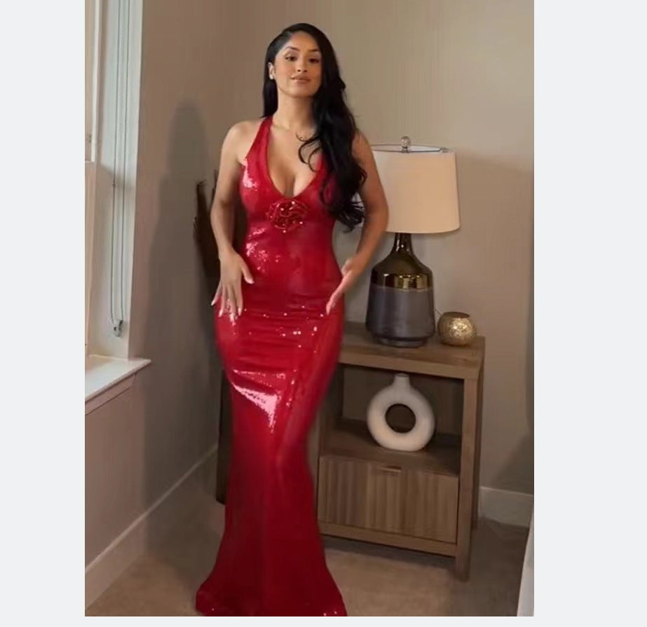 Damen Glamouröses Pailletten-Abendkleid mit tiefem Ausschnitt und eleganter Silhouette Drune