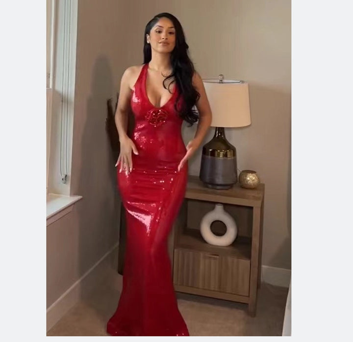 Damen Glamouröses Pailletten-Abendkleid mit tiefem Ausschnitt und eleganter Silhouette Drune
