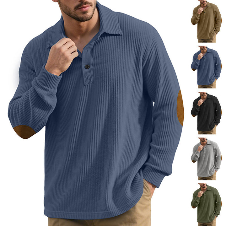 Herren nan gerippter Freizeit-Polo mit Kentkragen, kurzer Knopfleiste und Velours-Ellenbogenpatch Drune