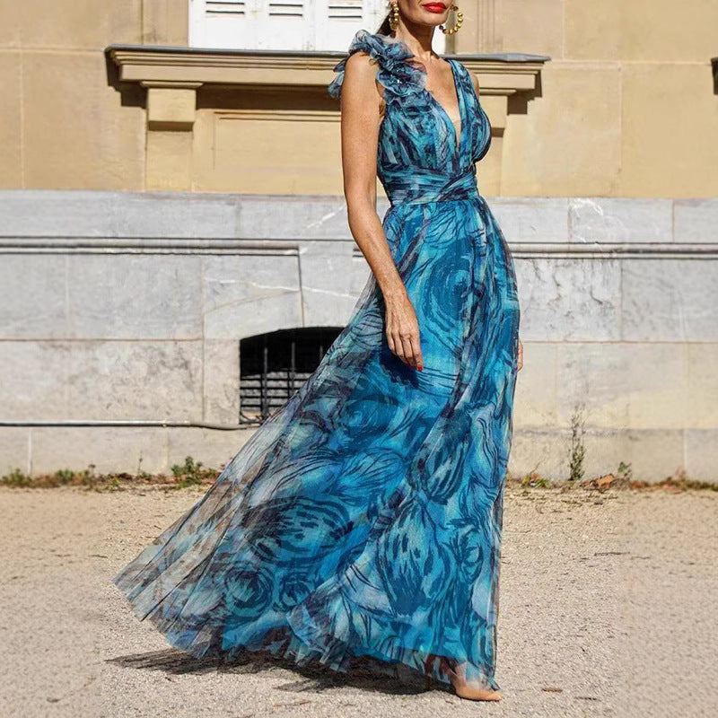 Damen Elegantes Maxikleid mit zarten Rüschendetails und blickdichtem Chiffon Drune