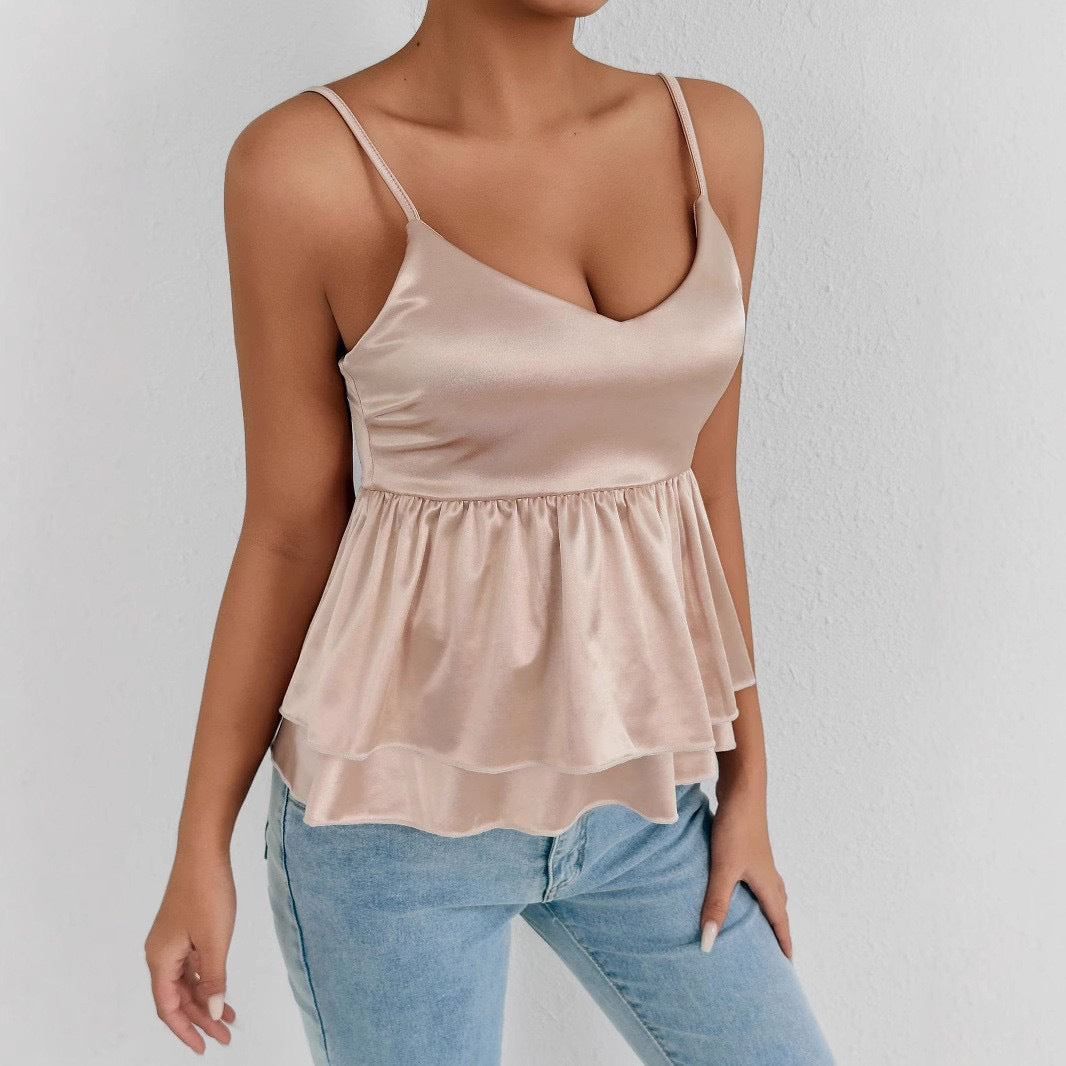 Damen elegantes Satin-Oberteil mit dekorativen Volants Drune