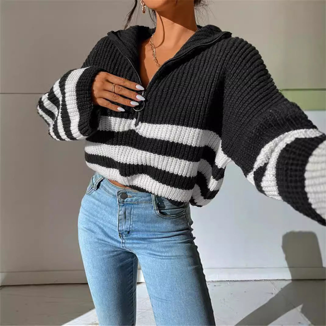Damen Kapuzenpullover mit strukturiertem Strickmuster und modischen Streifen Drune