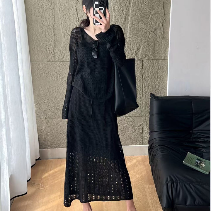Damen luftiges Strickoberteil mit V-Ausschnitt und Batikmuster Drune