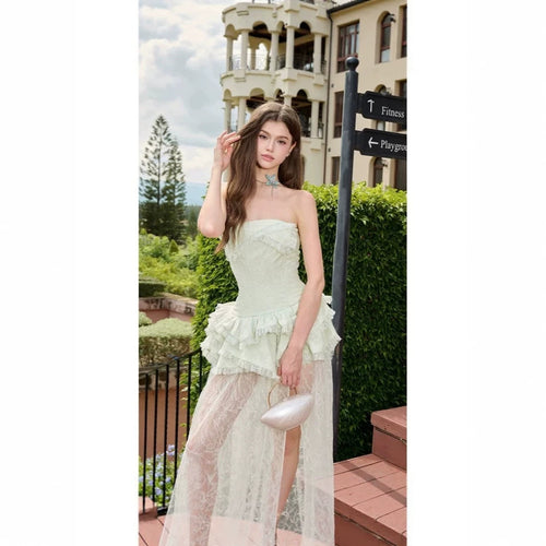 Damen Elegantes und luftiges Abendkleid mit Rüschendetails und transparentem Rock Drune