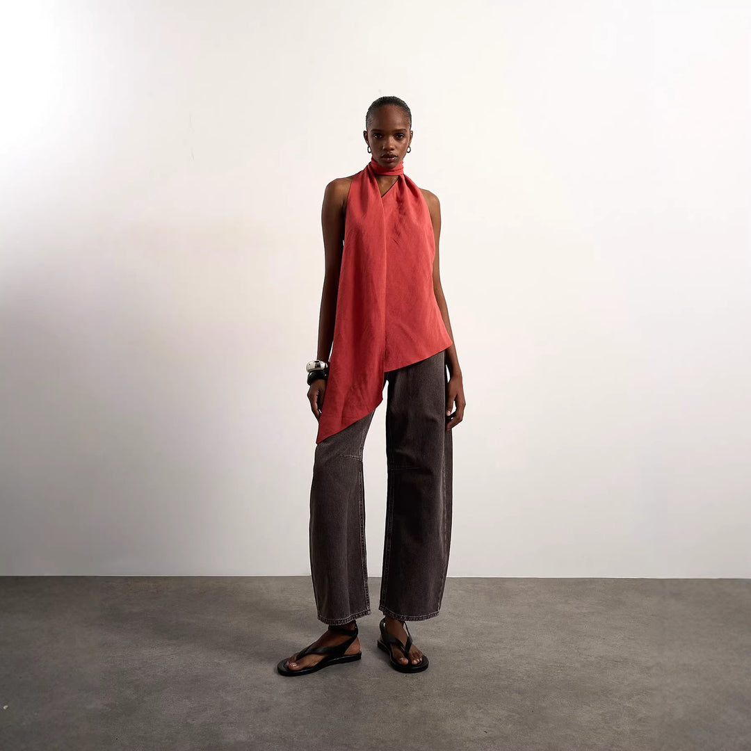 Damen asymmetrisches Wickeloberteil mit elegantem Schal Drune