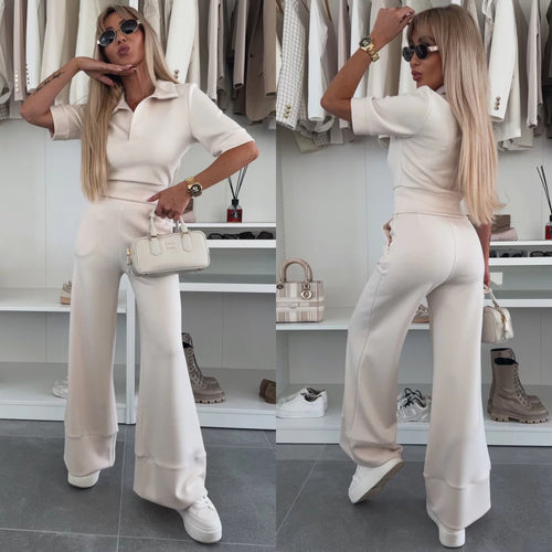 Damen sportliches Lounge-Set mit schicker Polo-Kragen und weitem Bein Drune