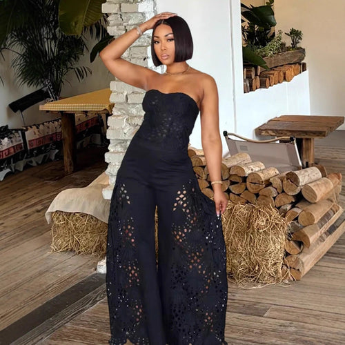Damen Elegantes Jumpsuit mit floralen Lochdetails Drune