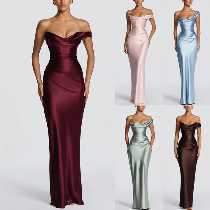 Damen Elegantes Maxikleid mit asymmetrischem Oberteil und fließendem Satin Drune