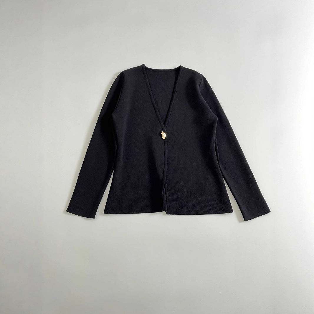 Damen lässiger V-Ausschnitt Cardigan mit dekorativem Knopf Drune