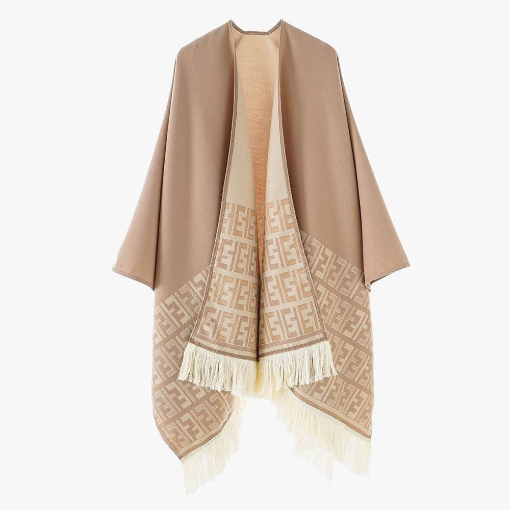 Damen eleganter Überwurf-Poncho mit kunstvollem Fransen-Design und besonderen grafischen Mustern Drune