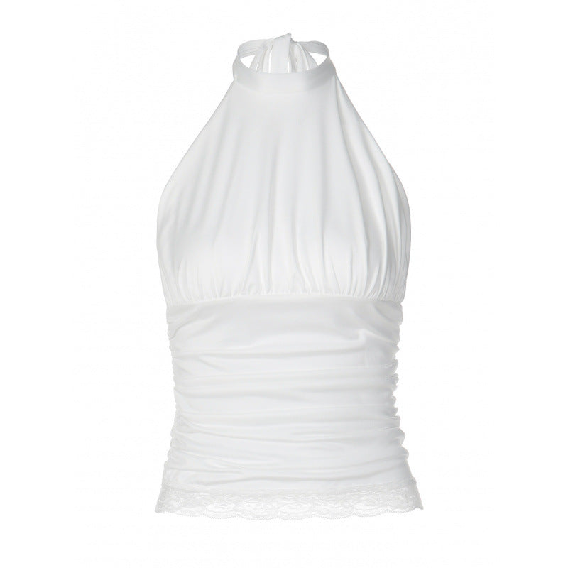 Damen Elegantes Haltertop mit Rüschen und Spitzenabschluss Drune