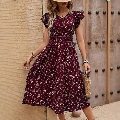 Damen Midikleid mit elastischem Tailleneinsatz und Rüschenärmeln Drune