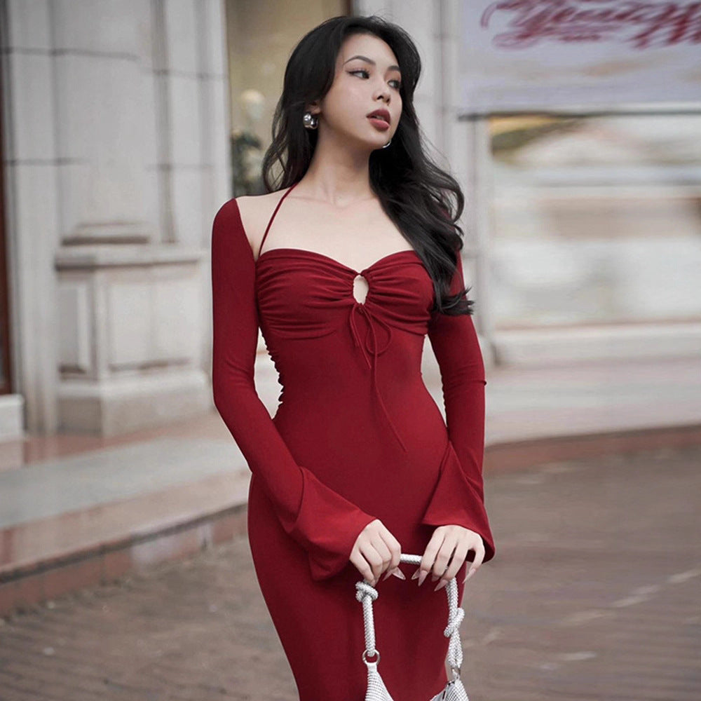 Damen figurbetontes Elegantes Kleid mit langen Ärmeln und raffiniertem Ausschnitt Drune