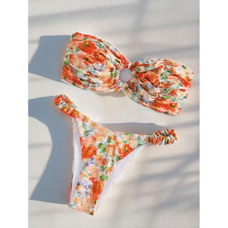 Damen Bandeau-Bikini mit romantischem Rüschendesign und verführerischem Blumenmuster Drune