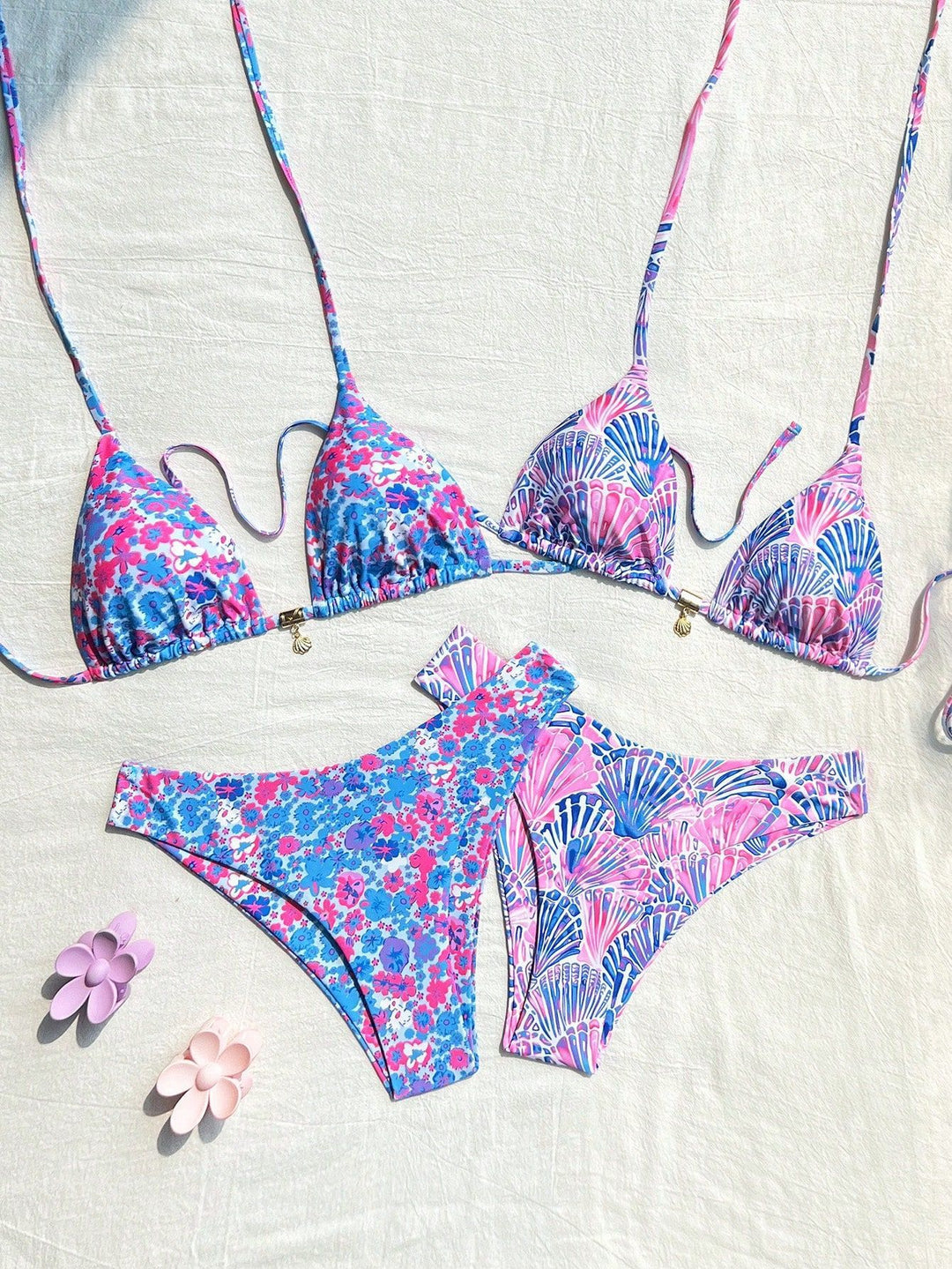 Damen Triangel-Bikini-Set mit verstellbaren Trägern und buntem Muster Drune