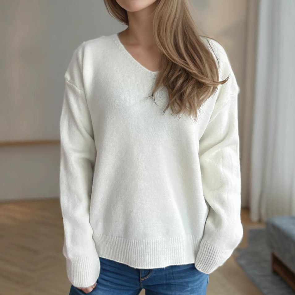 Damen bequemer V-Ausschnitt Pullover mit weichem Strickstoff Drune