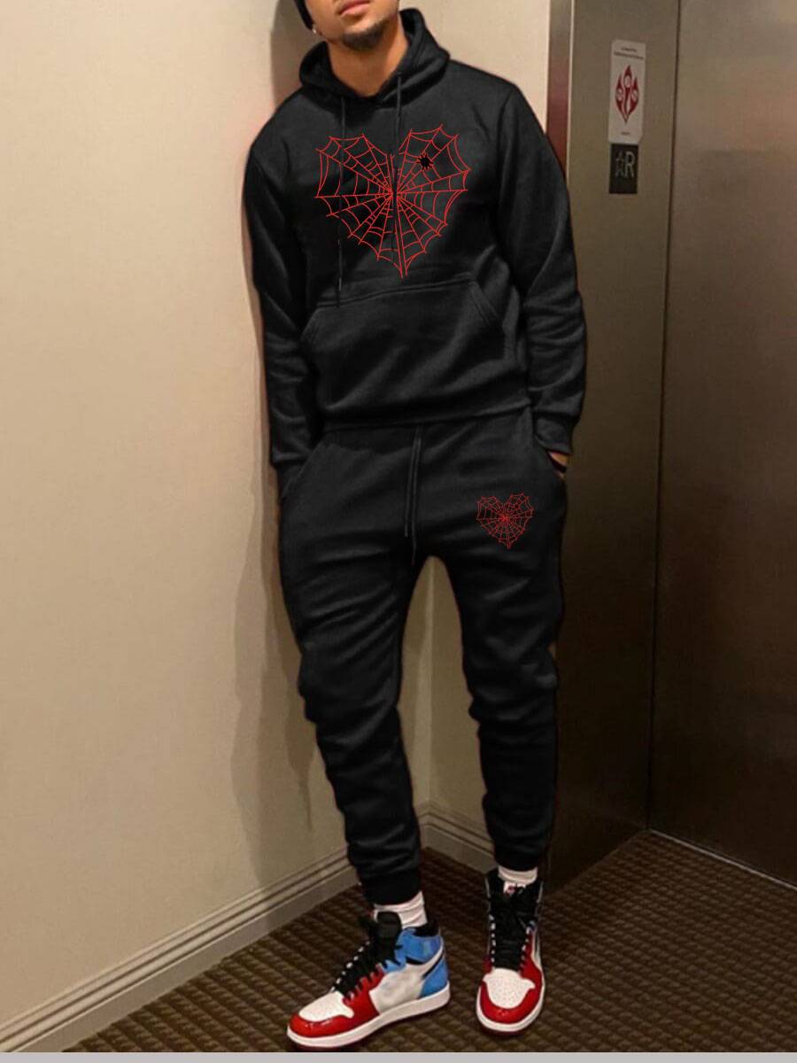 Damen Kapuzenpullover und Jogginghose Set mit kreativem Spinnennetz-Motiv Drune