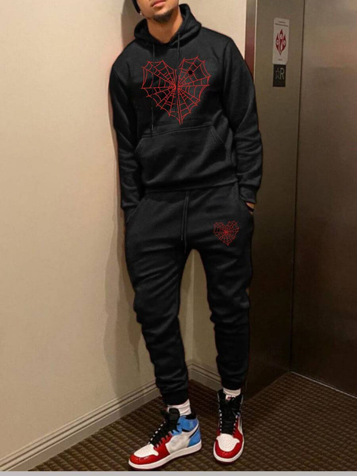 Damen Kapuzenpullover und Jogginghose Set mit kreativem Spinnennetz-Motiv Drune