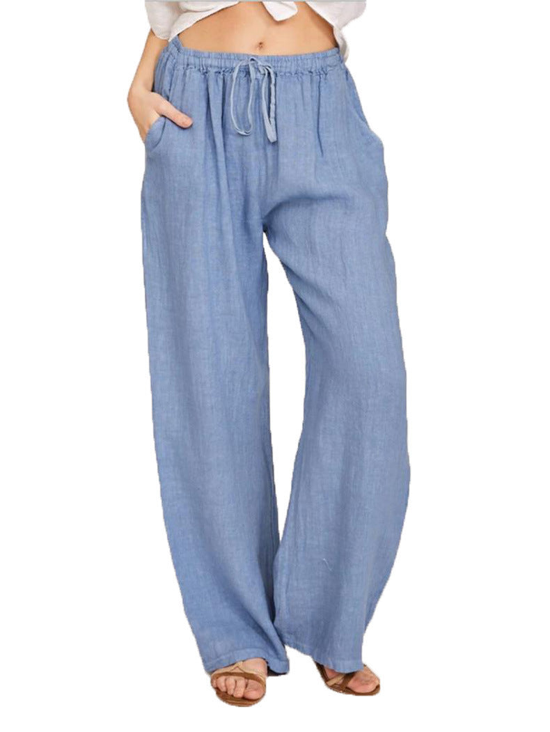 Damen lässige Leinenhose mit weitem Bein und elastischem Bund Drune
