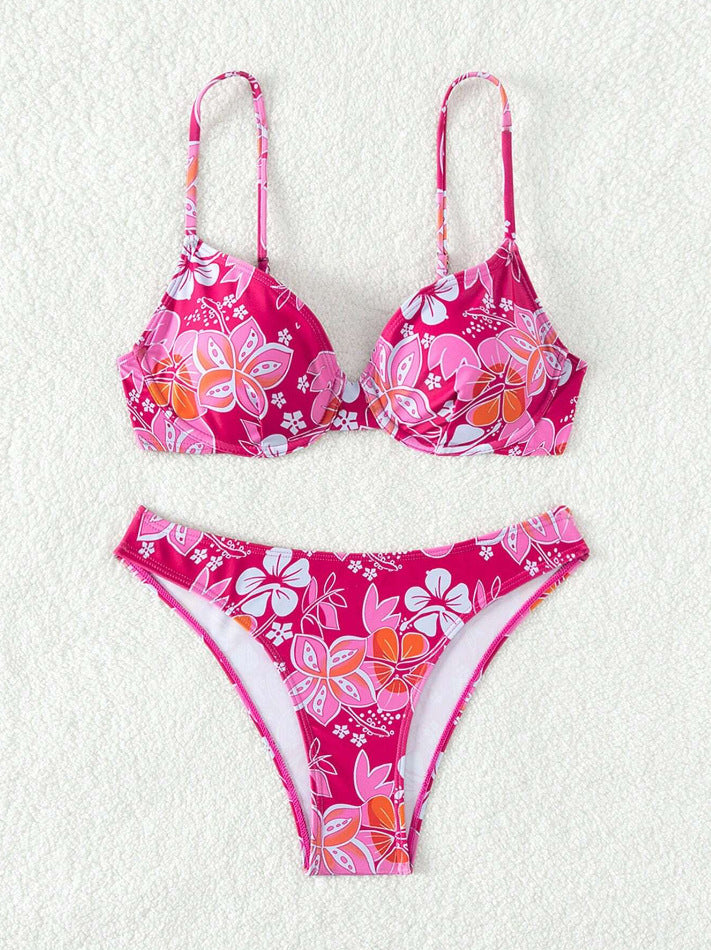 Damen gepolsterter Triangel-Bikini mit floralem Design und verstellbaren Trägern Drune