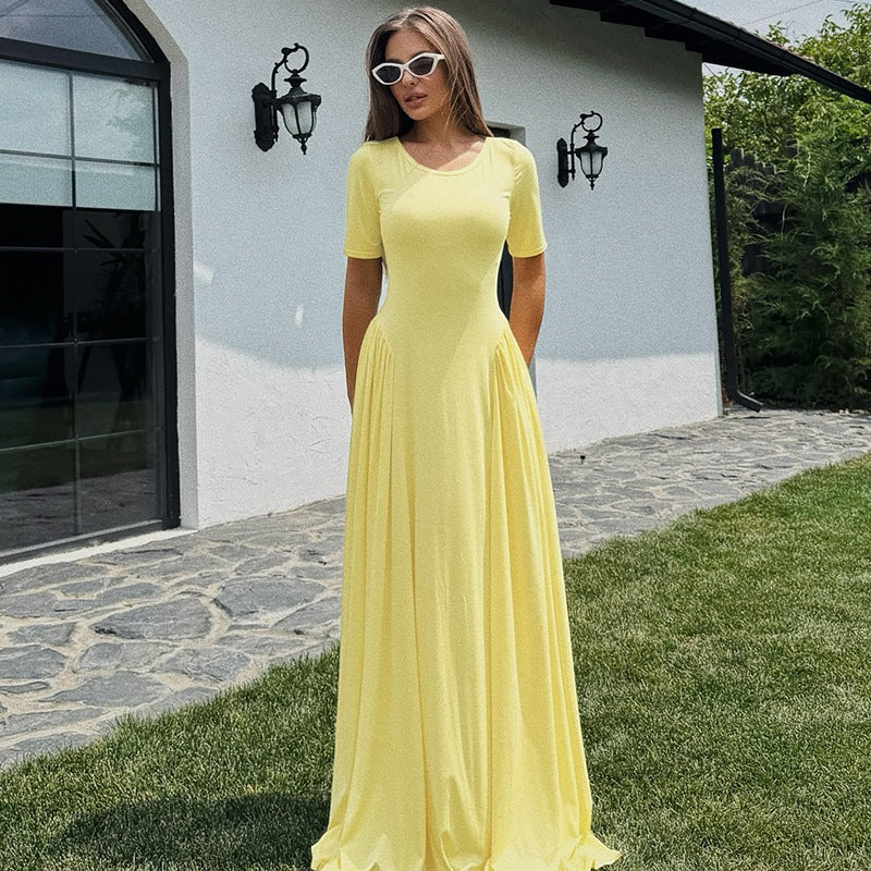 Damen Fließendes Maxikleid mit praktischen Seitentaschen und Rundhalsausschnitt Drune