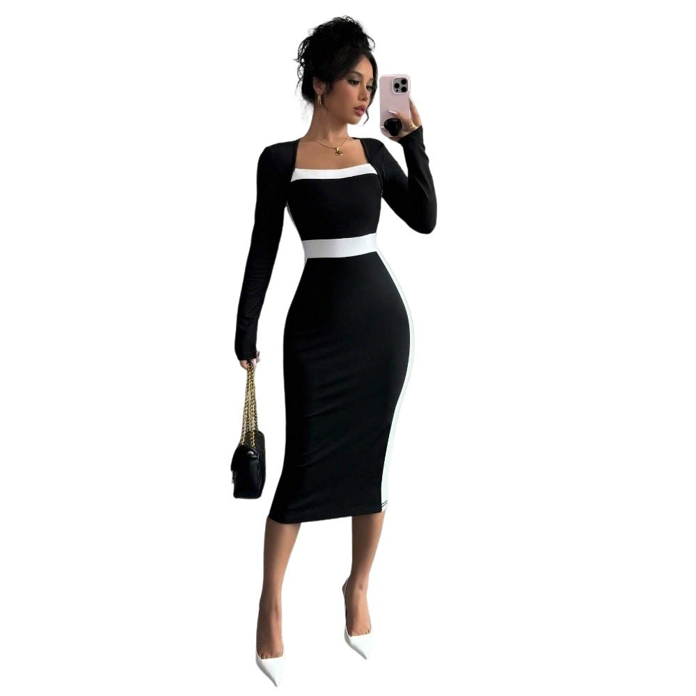 Damen figurbetontes Midi-Kleid mit quadratischem Ausschnitt und kontrastierenden Akzenten Drune