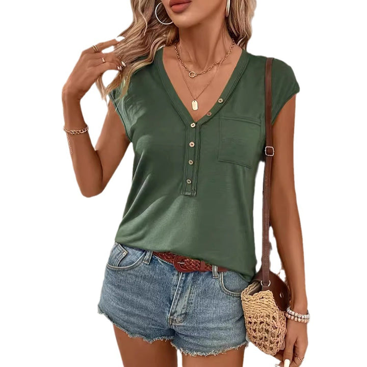 Damen V-Ausschnitt T-Shirt mit Knopfleiste und Brusttasche Drune