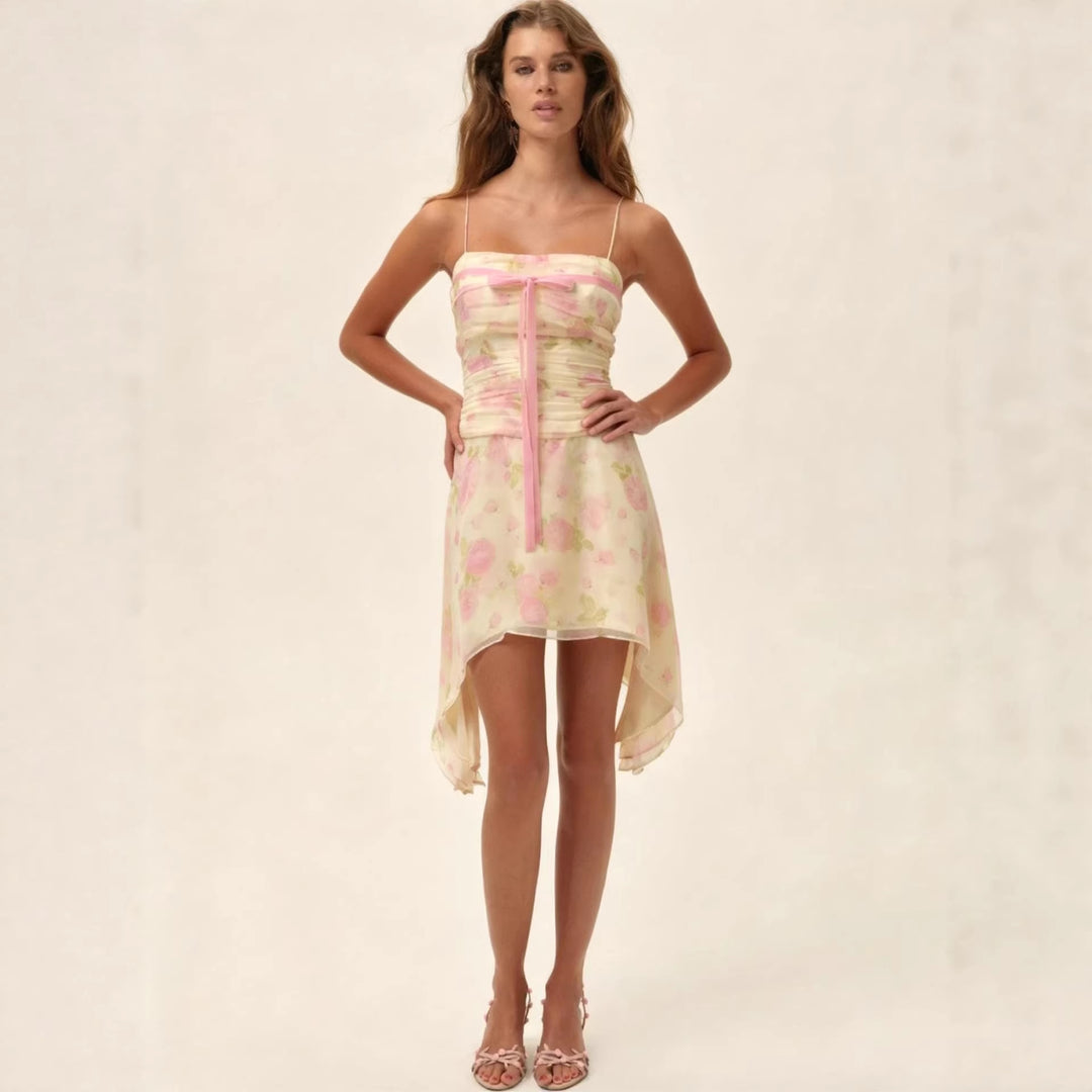 Damen Flower-Print Mini-Kleid mit asymmetrischem Saum und eleganter Raffung Drune