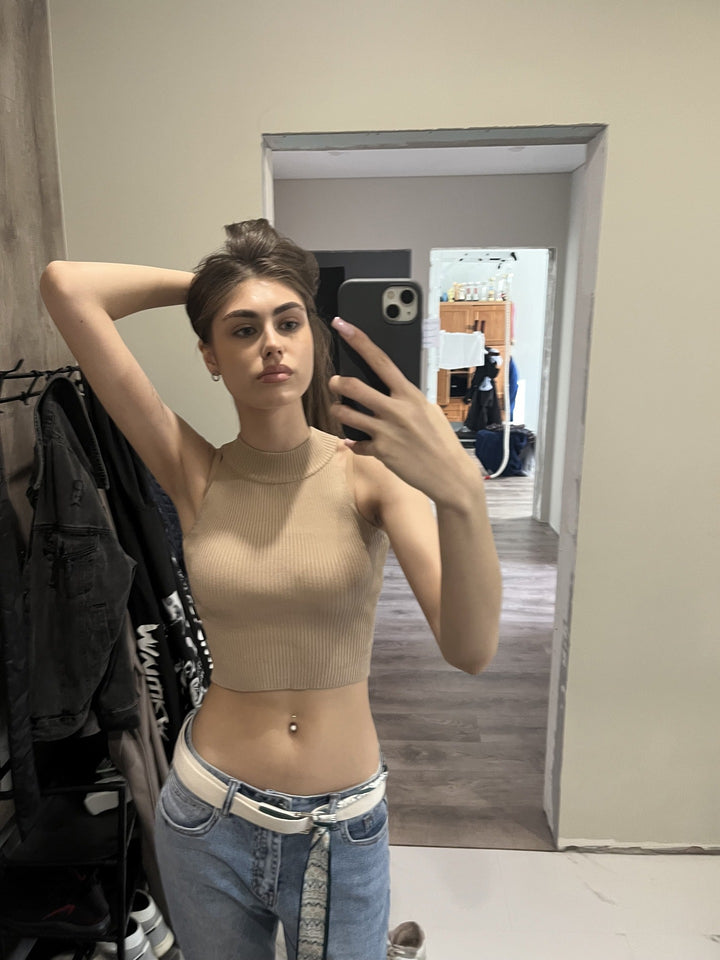 Damen Hochgeschlossenes Crop-Top mit Rippstrickmuster Drune