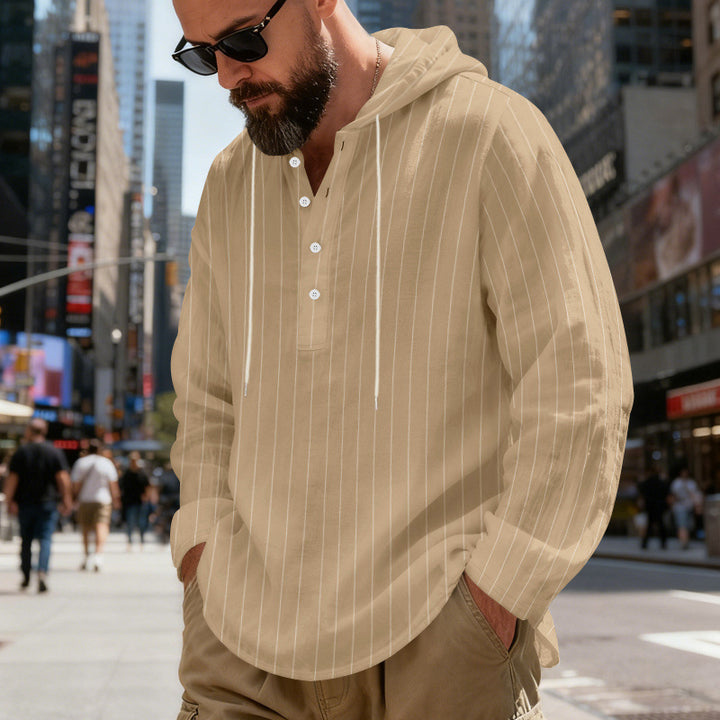Herren nan gestreiftes Henley-Kapuzenhemd mit Langarm, lockerem Schnitt und Kordelzug Drune